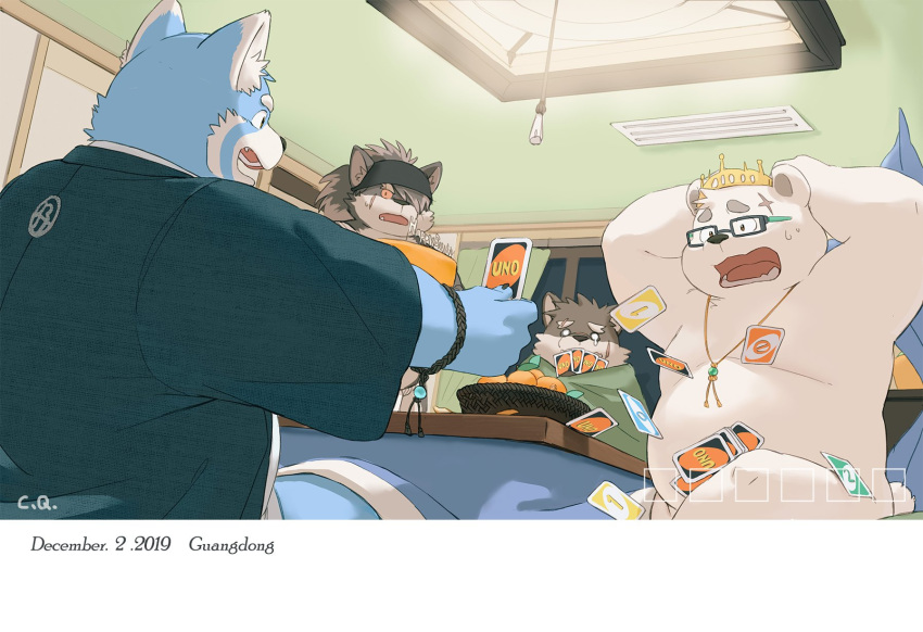 2019 6xiachunqiu7 ailurid anthro belly blue_body blue_fur canid canine canis detailed_background domestic_dog fur group humanoid_hands male mammal moritaka overweight overweight_male polar_bear red_panda scar shino_(housamo) sitting tokyo_afterschool_summoners ursid ursine video_games white_body white_fur