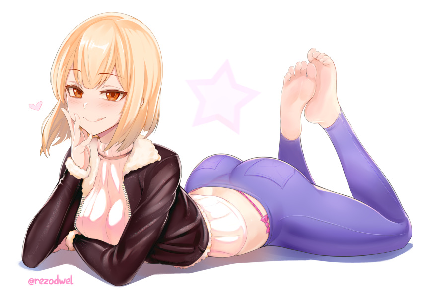 10s 1girl absurdres ass bangs barefoot blonde_hair blush breasts brown_eyes earth feet heart highres leggings legs looking_at_viewer lying medium_breasts medium_hair on_stomach original rezodwel soles solo thighs toes white_background