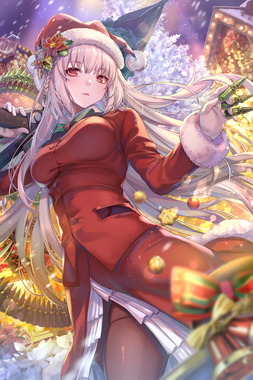 1girl black_legwear breasts bullet closed_mouth expressionless eyebrows_visible_through_hair fate/grand_order fate_(series) florence_nightingale_(fate/grand_order) florence_nightingale_santa_(fate/grand_order) gloves grey_hair gun hat highres holding holding_bullet holding_gun holding_weapon long_hair looking_at_viewer medium_breasts pantyhose red_eyes red_headwear santa_costume santa_hat solo torino_akua weapon white_gloves