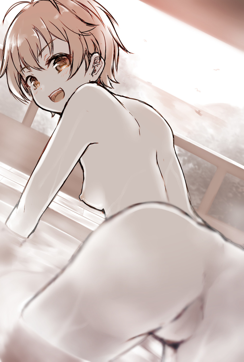 1girl :d antenna_hair ass bang_dream! bent_over blurry_foreground breasts highres kitazawa_hagumi looking_at_viewer looking_back monochrome nipples nude onsen open_mouth partially_submerged pussy railing short_hair small_breasts smile solo tukiyofree