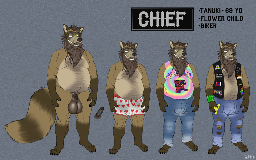 2019 age_difference anthro balls beard belly big_balls biker body_hair brown_body brown_fur canid canine canis chief clothing digital_media_(artwork) facial_hair foxmusk fur grandfather grey_hair hair hairy hi_res huge_balls humanoid_penis hyper hyper_balls male mammal mature_male model_sheet moobs nude old older_male overweight overweight_male penis raccoon_dog small_penis solo tanuki underwear