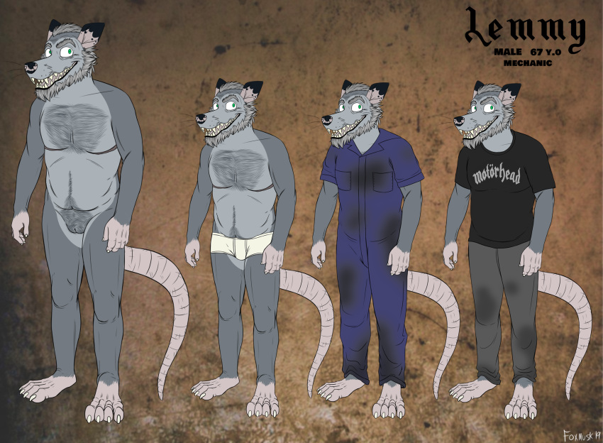 2019 age_difference andromorph anthro beard body_hair clothing didelphid digital_media_(artwork) facial_hair foxmusk fur grandfather grey_hair hair hairy intersex lemmy male mammal marsupial mature_male mechanic model_sheet nude old older_male pussy slightly_chubby solo underwear
