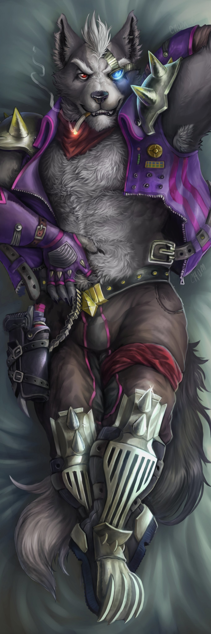 absurd_res armor armpit_hair bandanna belt black_nose body_hair boots bulge canid canine canis chumbasket cigarette claws clothed clothing countershading crossed_legs dakimakura_design ear_piercing eyewear fangs fluffy fluffy_tail footwear front_view fur fur_tuft furgonomics furry-specific_piercing grey_body grey_fur gun hand_behind_back head_tuft hi_res jacket long_tail looking_at_viewer lying male mammal nintendo open_clothing open_jacket pauldron piercing ranged_weapon red_eyes romantic_ambiance seductive smile smoking solo star_fox teeth topwear tuft video_games weapon wolf wolf_o'donnell