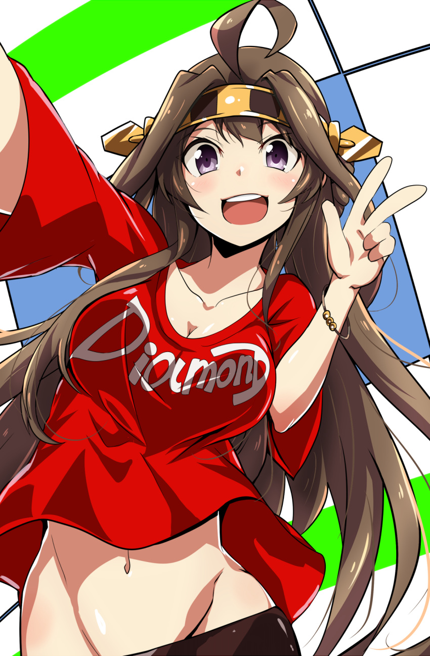1girl ahoge alternate_costume breasts brown_hair clothes_writing commentary_request double_bun hairband highres kantai_collection kongou_(kantai_collection) large_breasts long_hair midriff navel purple_eyes red_shirt shirt short_sleeves solo t-shirt tom_(drpow) v