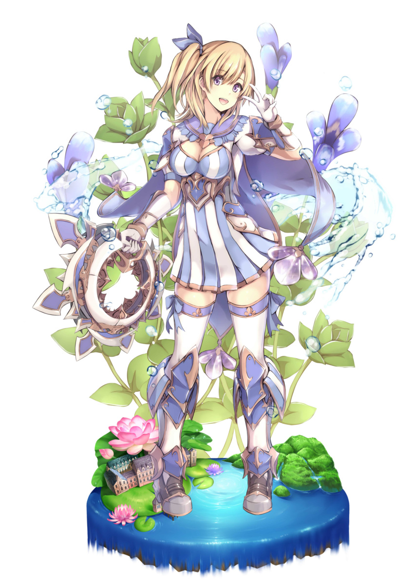 1girl absurdres blonde_hair boots breasts cape chakram cleavage dress flower flower_knight_girl full_body gloves highres holding holding_weapon knee_boots lindernia_(flower_knight_girl) manano_manamana medium_breasts metal_boots miniskirt object_namesake official_art short_hair side_ponytail skirt solo standing striped tachi-e thighhighs v vertical-striped_dress vertical_stripes weapon white_background white_gloves white_legwear zettai_ryouiki