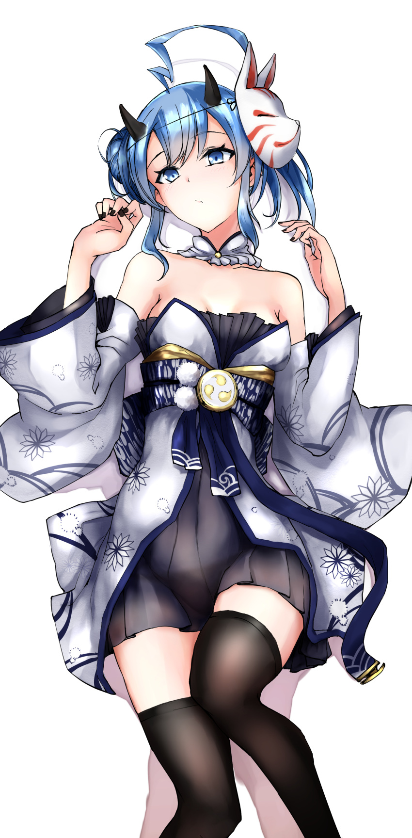 1girl absurdres ahoge azur_lane bangs bare_shoulders black_legwear black_nails blue_eyes blue_hair breasts choker closed_mouth collarbone commentary_request detached_sleeves dress feet_out_of_frame floral_print fox_mask from_above hands_up highres holiday3345aaa98 inazuma_(azur_lane) japanese_clothes kimono light_blush looking_away lying mask mask_on_head medium_breasts nail_polish obi on_back oni oni_horns sash shadow sidelocks simple_background sleeveless sleeveless_dress solo thighhighs tomoe_(symbol) white_background white_neckwear wide_sleeves zettai_ryouiki