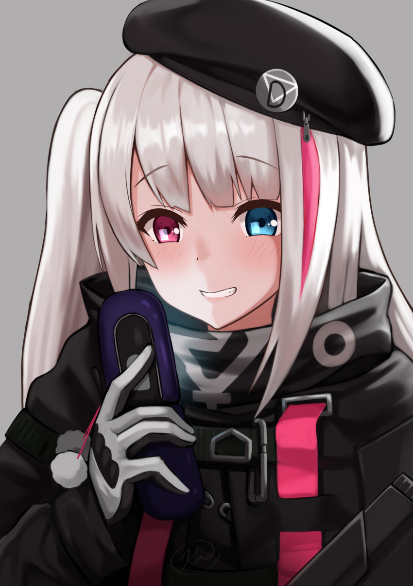 1girl absurdres bangs beret black_gloves blue_eyes blush breasts commentary eyebrows_visible_through_hair girls_frontline gloves grey_background grey_hair hat heterochromia highres jacket kurisu-kun long_hair looking_at_viewer mdr_(girls_frontline) multicolored_hair one_side_up phone pink_eyes pink_hair sidelocks simple_background smile solo streaked_hair