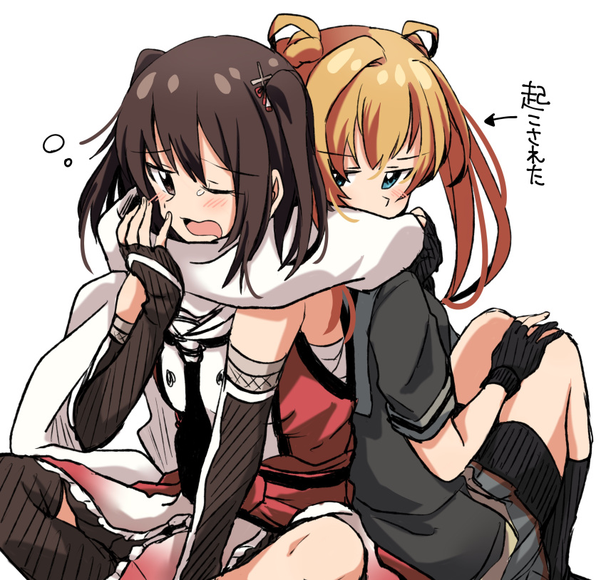 2girls absurdres abukuma_(kantai_collection) back-to-back bike_shorts black_gloves black_jacket black_neckwear black_skirt blonde_hair blue_eyes brown_eyes brown_hair commentary_request double_bun elbow_gloves fingerless_gloves gauntlets gloves grey_sailor_collar grey_skirt hair_rings highres jacket kantai_collection long_hair miiii multiple_girls neckerchief open_mouth partly_fingerless_gloves remodel_(kantai_collection) sailor_collar scarf school_uniform sendai_(kantai_collection) serafuku shared_scarf short_sleeves shorts shorts_under_skirt simple_background single_thighhigh sitting skirt tears thighhighs translation_request two_side_up white_background white_scarf yawning