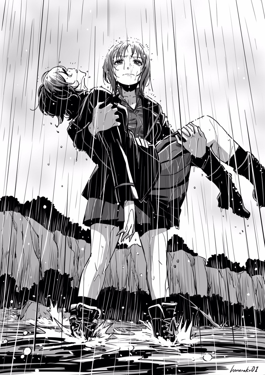 2girls akaboshi_koume carrying crying girls_und_panzer highres hone_(honehone083) monochrome multiple_girls nishizumi_miho princess_carry rain skirt sky splashing twitter_username water wet wet_clothes wet_hair