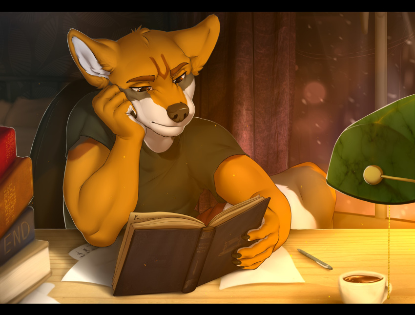 2017 5_fingers anthro bedroom brown_eyes canid canine canis clothed clothing detailed_background digital_media_(artwork) fingers fully_clothed inside male mammal reading smileeeeeee smu solo tired wolf yokhame