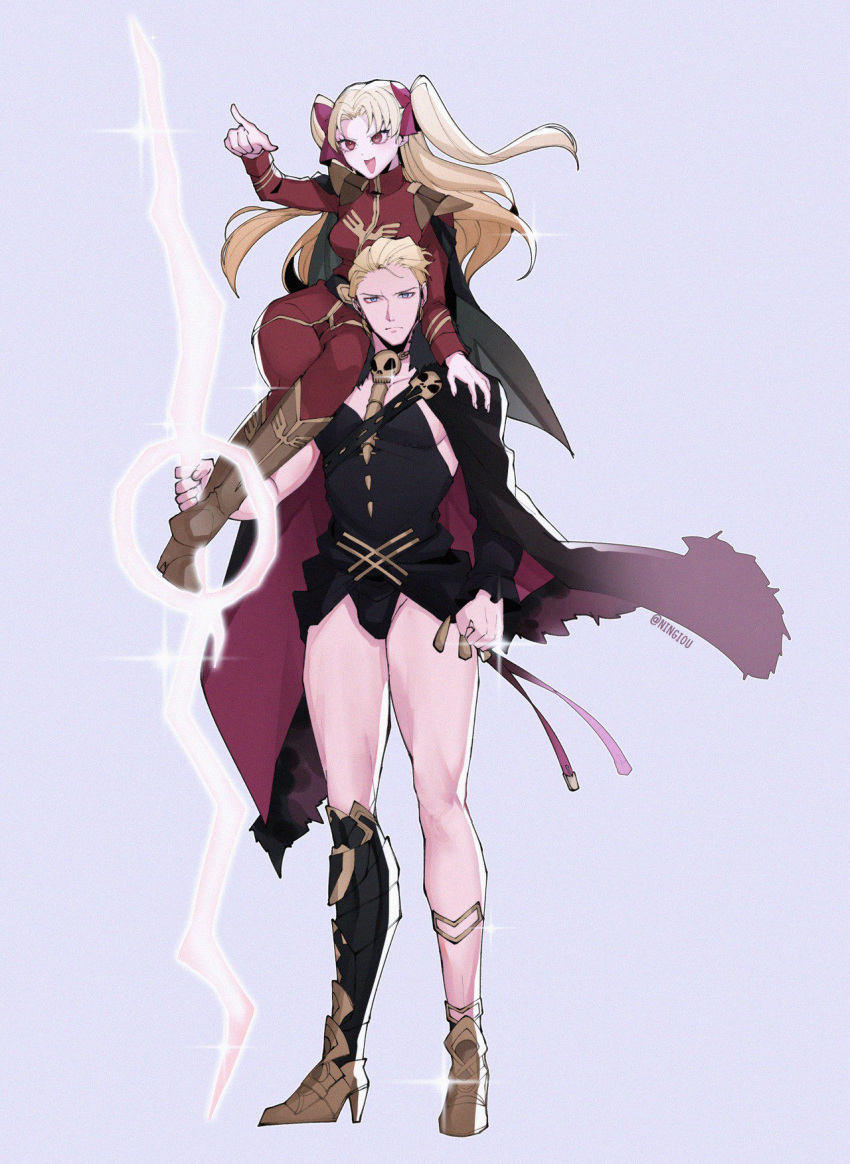 1boy 1girl asymmetrical_legwear belt belt_buckle black_belt black_cape black_legwear blonde_hair blue_eyes boots brown_footwear buckle cape cape_billowing carrying_over_shoulder char_aznable char_aznable_(cosplay) cosplay costume_switch detached_sleeves ereshkigal_(fate/grand_order) ereshkigal_(fate/grand_order)_(cosplay) fate/grand_order fate_(series) fur-trimmed_cape fur_trim gold_footwear grey_cape gundam hand_on_shoulder highres jacket knee_boots kyou_(ningiou) military military_uniform mobile_suit_gundam multicolored multicolored_cape multicolored_clothes pants red_cape red_eyes red_jacket red_pants shoulder_armor single_detached_sleeve single_thighhigh skull sparkle spine thighhighs twintails twitter_username uniform zeon