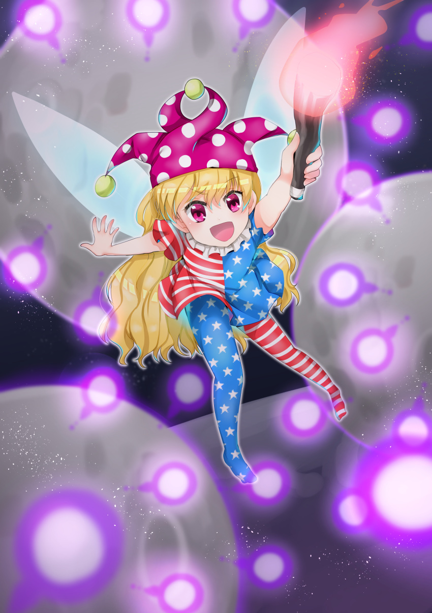 1girl :d absurdres american_flag_legwear american_flag_shirt arm_behind_back arms_up black_background blonde_hair clownpiece commentary_request danmaku eyebrows_visible_through_hair fairy_wings floating foreshortening hat highres holding_torch jester_cap kanonari light_particles long_hair looking_at_viewer moon open_mouth outstretched_arms polka_dot_hat purple_headwear red_eyes smile solo spread_arms torch touhou very_long_hair wings