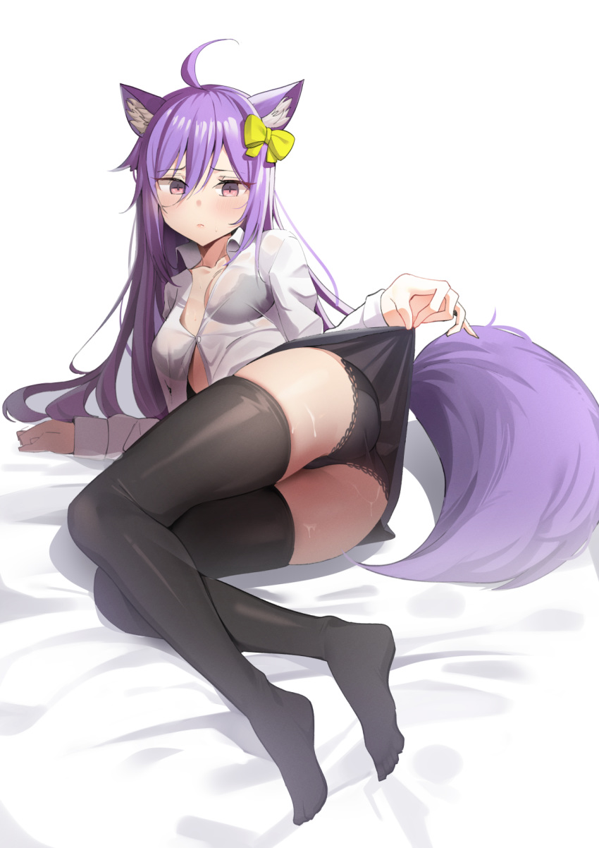 1girl ahoge animal_ears arm_support ass black_legwear black_panties black_skirt blush bow breasts cat_ears cat_girl cat_tail closed_mouth collarbone collared_shirt commission eyebrows_visible_through_hair full_body grey_shirt hair_between_eyes hair_bow highres lifted_by_self long_hair long_sleeves looking_at_viewer lying medium_breasts no_bra on_side original panties pring654 purple_eyes see-through shirt simple_background skirt skirt_lift solo sweat tail thighhighs underwear very_long_hair white_background yellow_bow