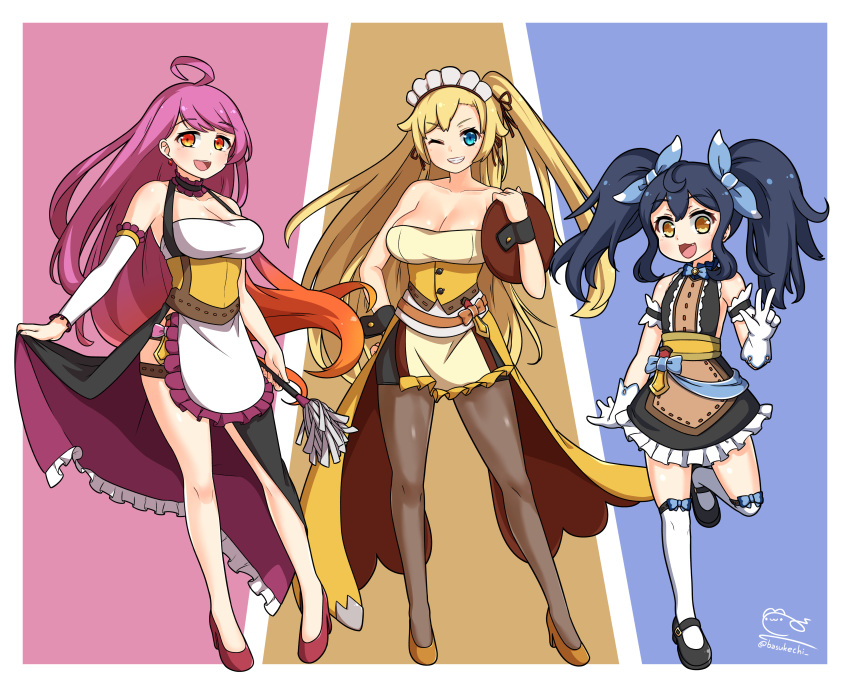 3girls :d ;d absurdres ahoge apron arm_warmers armband bare_shoulders basukechi black_footwear blonde_hair blue_bow blue_eyes blue_hair bow breasts character_request cleavage dragalia_lost feather_duster flat_chest gloves gradient_hair hair_bow halterneck hand_on_hip highres holding holding_tray kneehighs multicolored_hair multiple_girls one_eye_closed open_mouth orange_hair pantyhose pink_hair ramona_(dragalia_lost) red_earrings red_footwear rena_(dragalia_lost) renee_(dragalia_lost) sidelocks simple_background skirt_hold smile standing tray twintails twitter_username white_gloves white_legwear wrist_cuffs yellow_eyes yellow_footwear