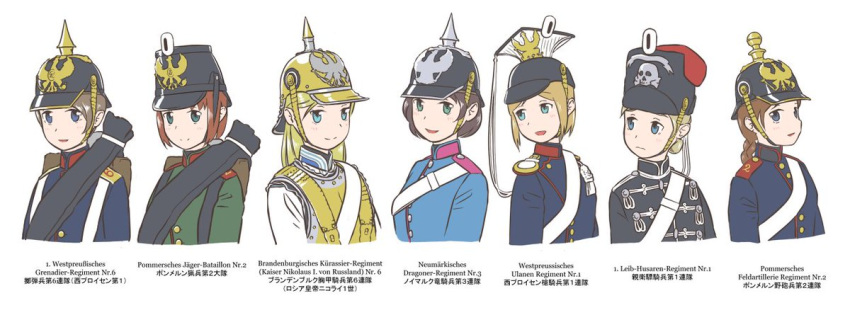 6+girls artist_request blonde_hair blue_eyes breastplate brown_eyes brown_hair german_text germany helmet hussar military military_uniform multiple_girls original pickelhaube uniform