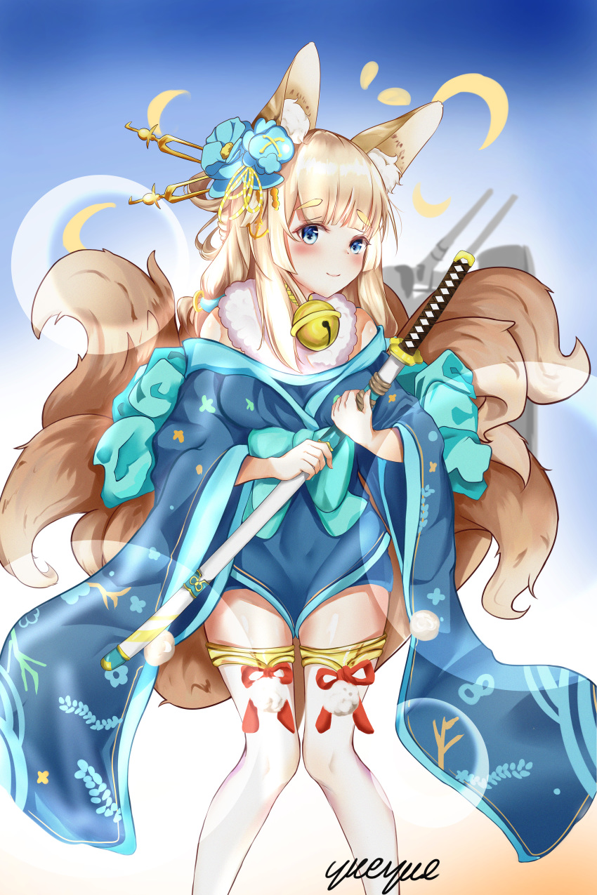 1girl absurdres animal_ears azur_lane bare_shoulders bell blue_background blue_kimono boots breasts cowboy_shot eyebrows_visible_through_hair flower fox_ears fox_tail gradient gradient_background hair_between_eyes hair_flower hair_ornament highres holding holding_sword holding_weapon huge_filesize japanese_clothes jingle_bell katana kimono kulayueyue light_particles long_hair long_sleeves looking_at_viewer medium_breasts multiple_tails niizuki_(azur_lane) sheath short_kimono shouji sliding_doors smile solo standing sword tail thick_eyebrows thigh_boots thighhighs twitter_username unsheathed weapon white_legwear wide_sleeves yellow_background