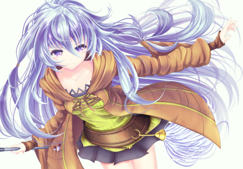 1girl black_skirt blue_eyes blue_hair breasts brown_coat coat duel_monster eria hair_between_eyes holding holding_staff leaning_forward long_hair long_sleeves ribbed_shirt shirt simple_background skirt small_breasts smile solo staff vial white_background yellow_shirt yuu-gi-ou