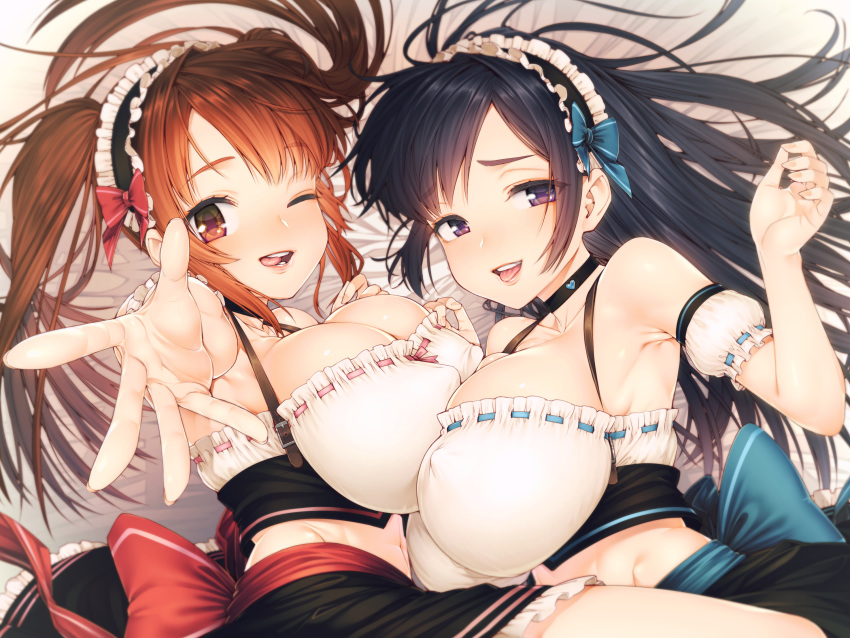 2girls :d ;p apron armpits asymmetrical_docking bangs black_hair black_skirt blue_bow blush bow breast_press breasts brown_eyes brown_hair choker crop_top detached_sleeves eyebrows_visible_through_hair frills highres inumori_shirou large_breasts long_hair looking_at_viewer maid_headdress multiple_girls navel one_eye_closed open_mouth original parted_bangs petticoat purple_eyes reaching_out red_bow ribbon-trimmed_clothes ribbon_trim sidelocks skirt smile take_your_pick tongue tongue_out twintails waist_apron