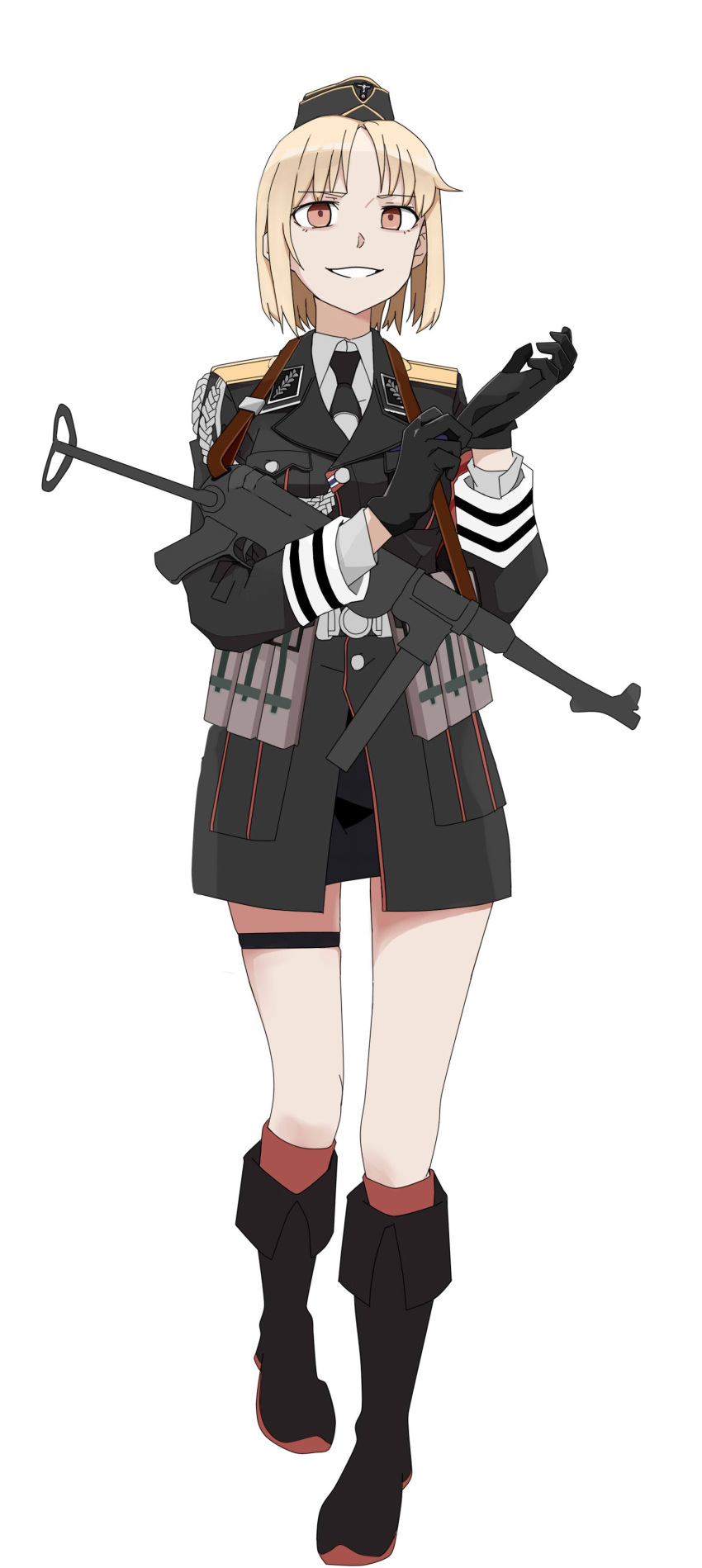 1girl absurdres aiguillette bangs belt black_footwear black_headwear black_jacket black_neckwear black_skirt blonde_hair boots brown_eyes commentary_request dress_shirt epaulettes eyebrows_visible_through_hair full_body garrison_cap german_clothes girls_frontline glove_pull gloves grey_shirt grin gun hat highres holding holding_gun holding_weapon insignia jacket knee_boots korean_commentary long_sleeves looking_at_viewer military military_hat military_uniform miniskirt mp40 mp40_(girls_frontline) necktie pencil_skirt perfect_han pouch red_legwear shirt short_hair simple_background skirt smile socks solo standing submachine_gun thigh_strap uniform weapon wehrmacht white_background white_belt wing_collar