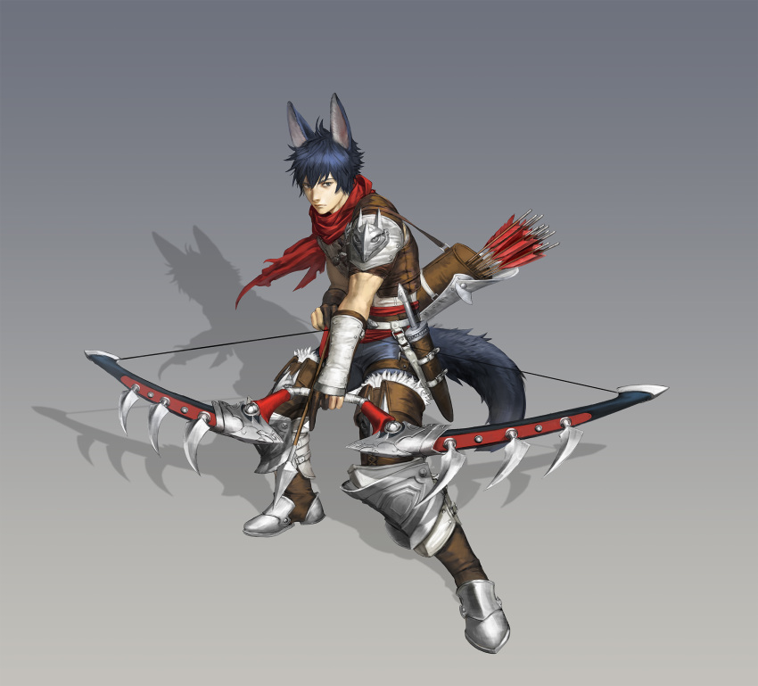 1boy animal_ears armor arrow belt blue_hair boots bow_(weapon) bracer brown_footwear drawing_bow fox_ears fox_tail full_body grey_background highres kkulppangg knife male_focus original quiver red_scarf scarf shadow sheath sheathed shorts shoulder_armor standing tail thigh_boots thighhighs weapon