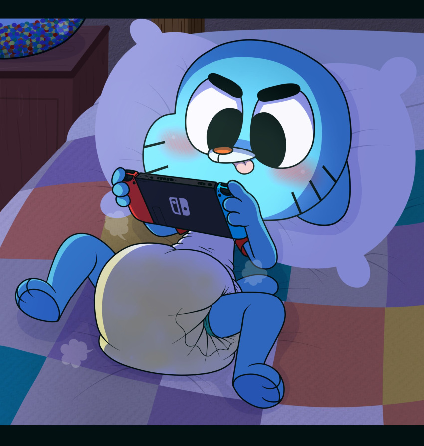 2017 anthro bed blush bodily_fluids cartoon_network cub diaper domestic_cat dresser felid feline felis furniture genital_fluids gumball_watterson lying male mammal nintendo nintendo_switch on_back on_bed pillow solo spread_legs spreading tenerius the_amazing_world_of_gumball tongue tongue_out urine video_games wet_diaper wetting young