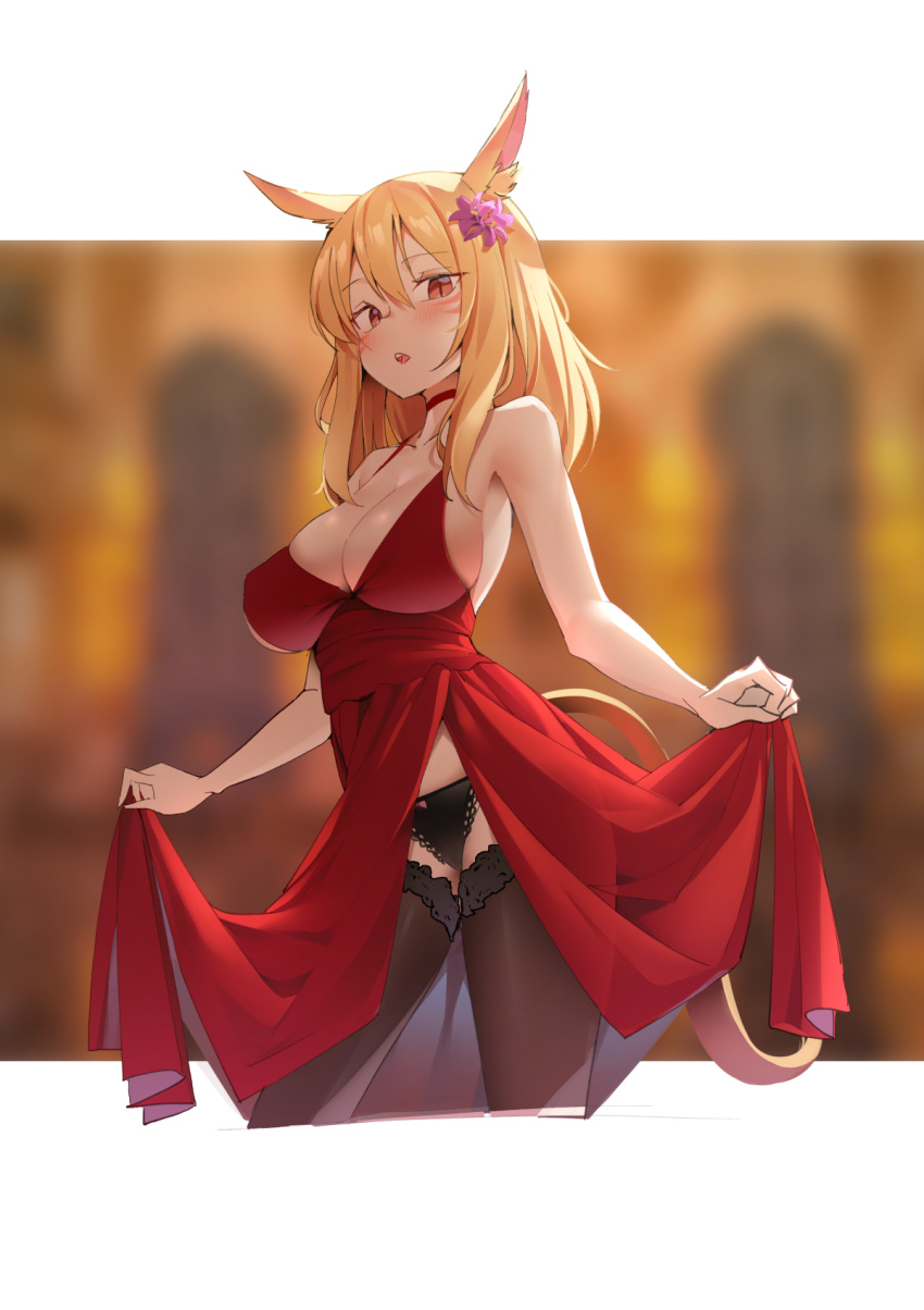 1girl :o animal_ears bare_arms bare_shoulders black_panties blonde_hair blurry blurry_background blush breasts brown_legwear cat_ears cat_girl cat_tail choker cleavage commission cropped_legs dress dress_lift facial_mark final_fantasy final_fantasy_xiv flower hair_flower hair_ornament highres large_breasts long_hair looking_at_viewer miqo'te open_mouth panties pring654 red_dress red_eyes sleeveless sleeveless_dress slit_pupils solo spaghetti_strap tail thighhighs underwear