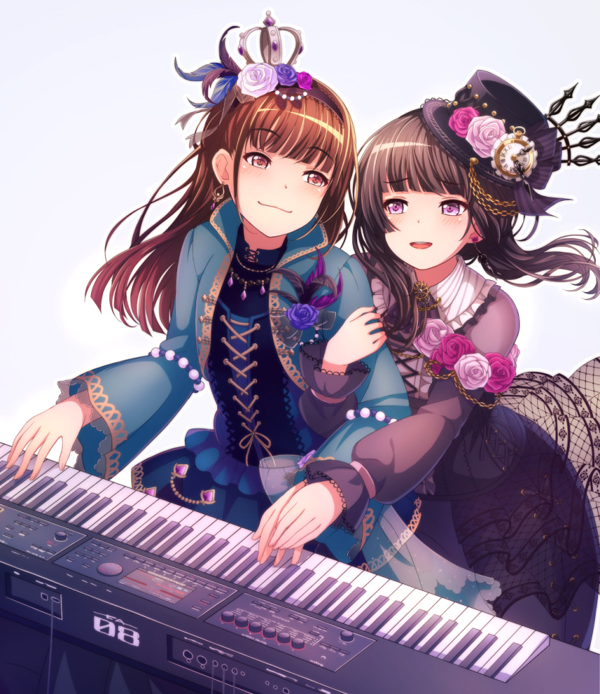 2girls :3 :d akesaka_satomi aqua_jacket bang_dream! bangs black_choker black_dress black_hair black_headwear black_ribbon blue_dress blue_feathers blue_flower blue_rose blush brown_eyes brown_hair choker clock corsage cross-laced_clothes crown dress earrings feathers flower frilled_shirt_collar frills grey_background hair_feathers hairband hand_on_another's_hand hat hat_chain hat_flower hat_ribbon highres hiroki_(yyqw7151) holding_arm instrument jacket jewelry long_sleeves looking_at_another multiple_girls music open_mouth pink_flower pink_rose playing_instrument purple_eyes purple_feathers ribbon roland_(company) rose seiyuu seiyuu_connection shirokane_rinko smile synthesizer