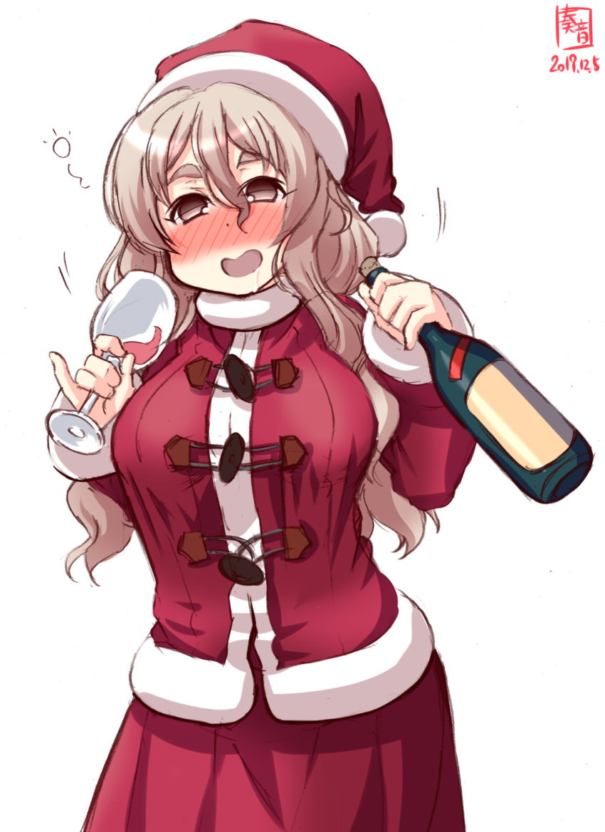 1girl alternate_costume artist_logo bottle brown_eyes coat commentary_request cowboy_shot cup dated drinking_glass drunk fur-trimmed_coat fur-trimmed_hat fur_trim grey_hair hat highres holding holding_bottle kanon_(kurogane_knights) kantai_collection open_mouth pola_(kantai_collection) red_headwear red_shirt red_skirt santa_costume santa_hat shirt simple_background skirt solo thick_eyebrows wavy_hair white_background wine_bottle wine_glass