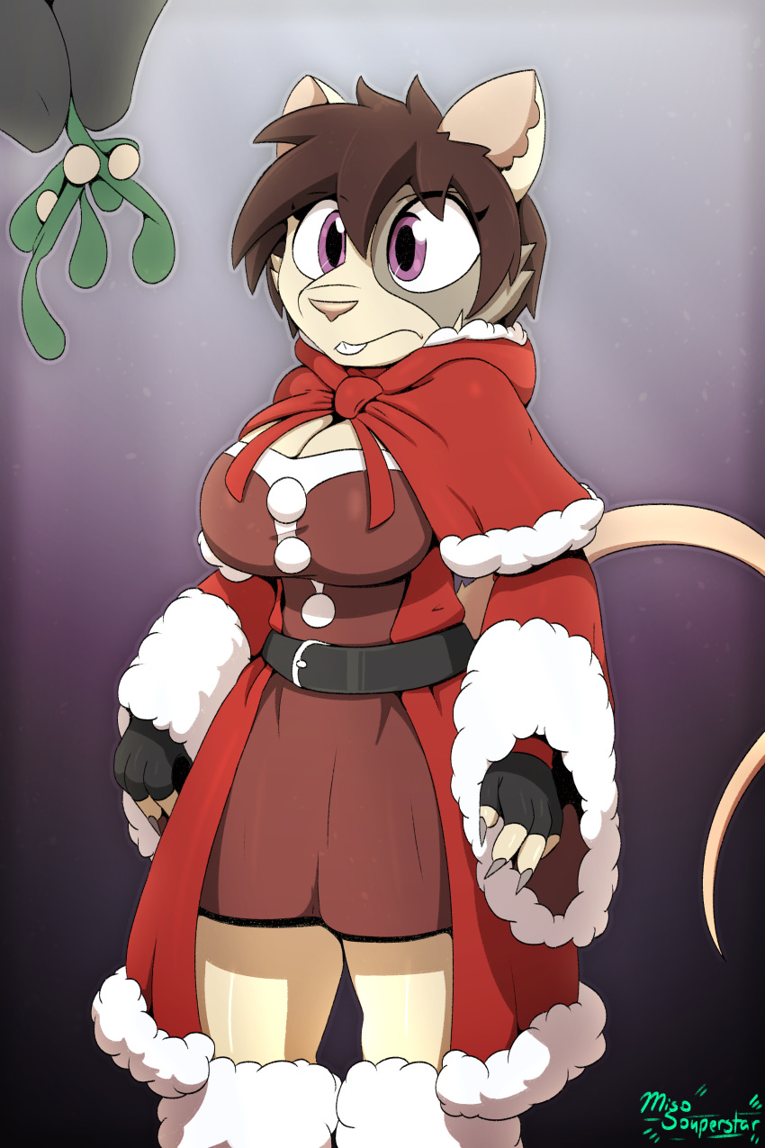 2019 4_fingers absurd_res anthro big_breasts breasts brown_hair buckteeth christmas claws cleavage clothed clothing costume digital_media_(artwork) female fingerless_gloves fingers gloves gradient_background hair handwear hi_res holidays mammal miso_souperstar mistletoe notched_ear plant purple_eyes rodent santa_costume short_hair simple_background skaven skotha teeth warhammer_(franchise)