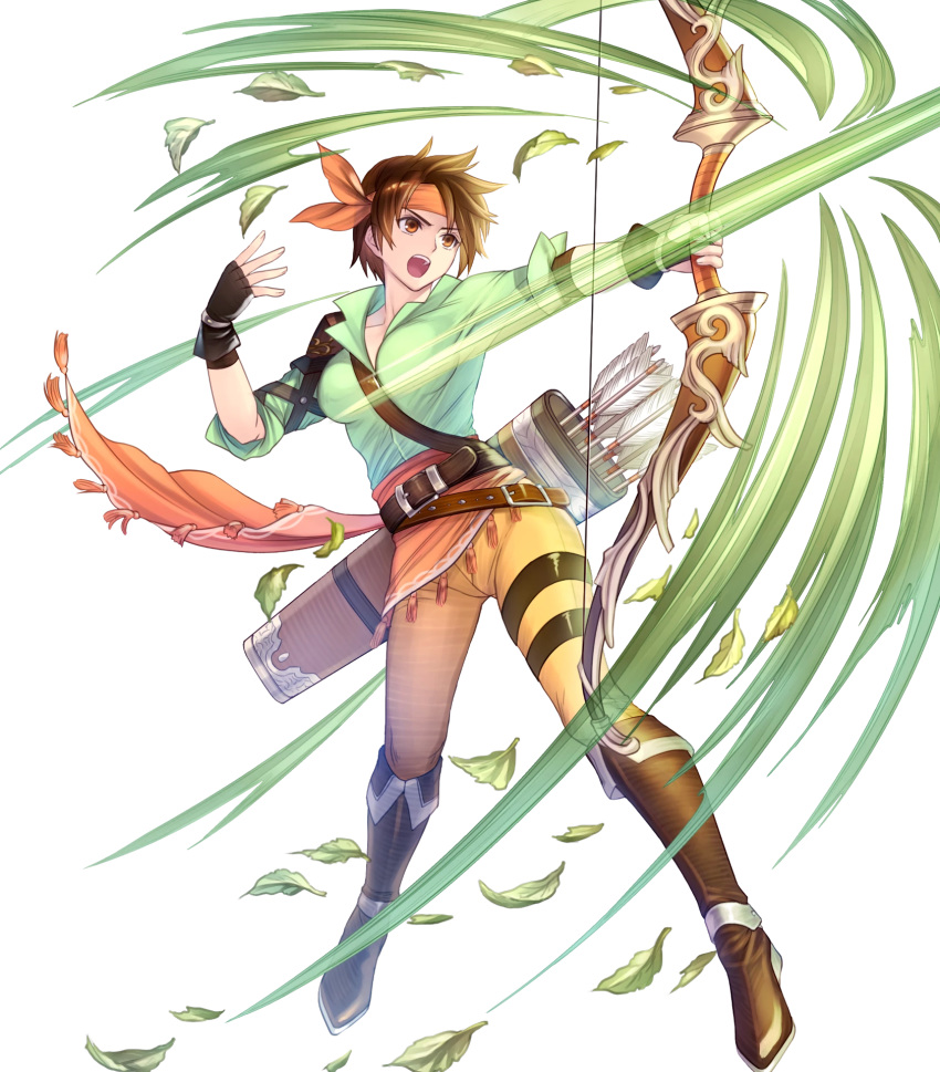 1girl armor arrow belt boots bow_(weapon) brown_eyes brown_hair fingerless_gloves fire_emblem fire_emblem:_thracia_776 fire_emblem_heroes fur_trim gloves headband highres knee_boots official_art pants quiver s0ad096 shiny short_hair short_sleeves shoulder_armor shoulder_pads sunset tanya_(fire_emblem) weapon