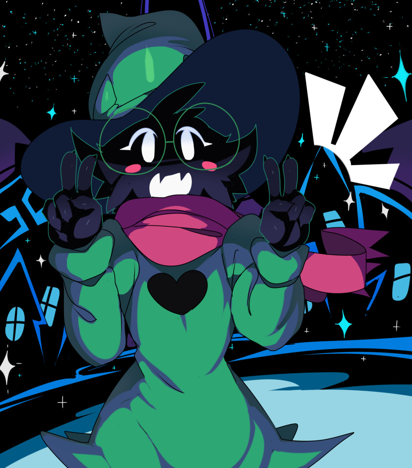 &lt;3 2019 absurd_res anthro black_body black_fur blush bovid caprine captainkirb city cityscape clothed clothing cute_fangs deltarune double_v_sign eyewear fully_clothed fur gesture glasses goat green_clothing happy hat headgear headwear hi_res male mammal open_mouth outside portrait ralsei robe scarf solo v_sign video_games wizard_hat