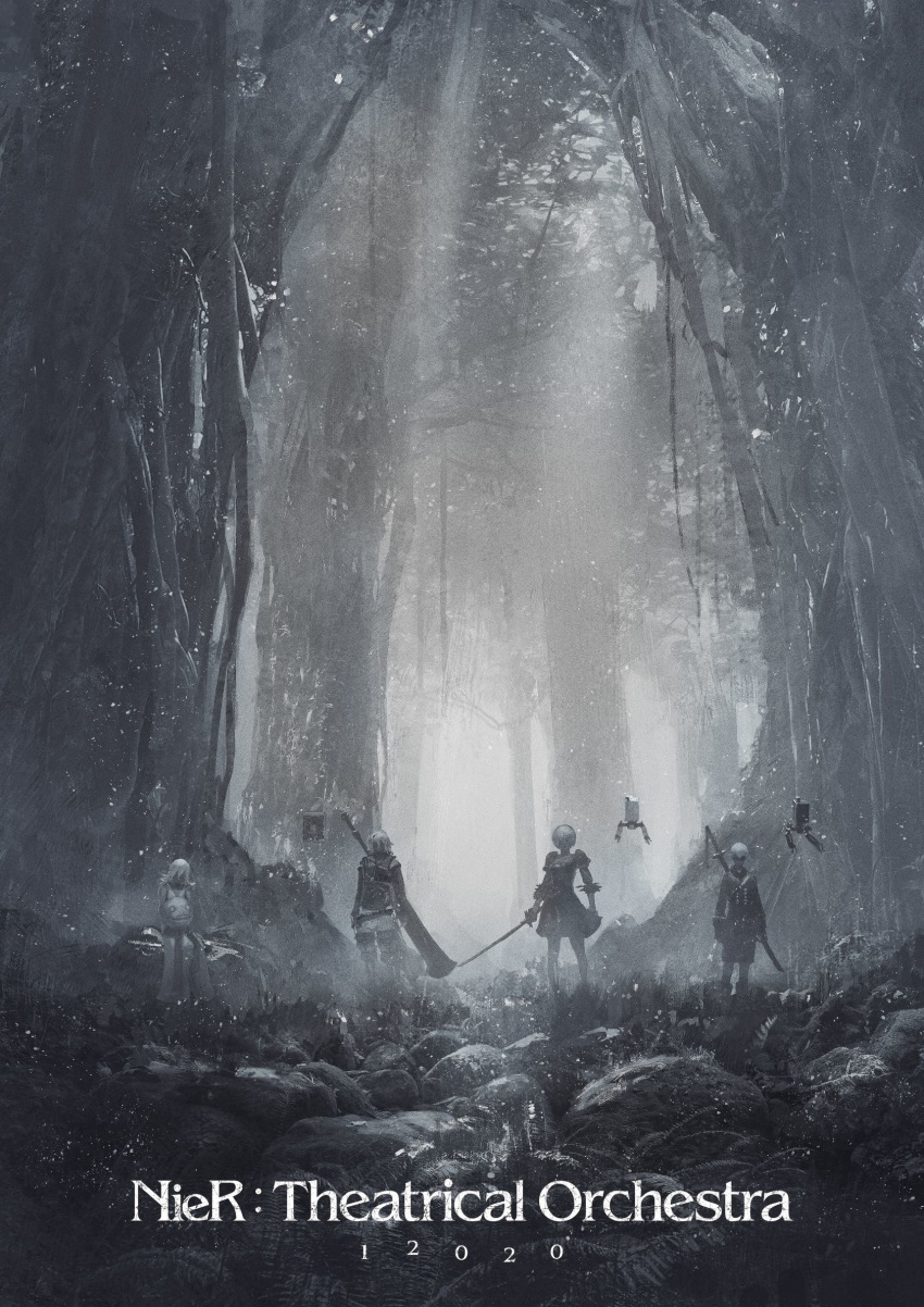 2boys 2girls black_clothes black_dress blindfold dress emil_(nier) feather-trimmed_sleeves forest grimoire_weiss highres huge_weapon multiple_boys multiple_girls nature nier nier_(series) nier_(young) nier_automata official_art pod_(nier_automata) rock scenery short_hair silver_hair sitting square_enix standing sword tree weapon weapon_on_back white_dress yonah yorha_no._2_type_b yorha_no._9_type_s