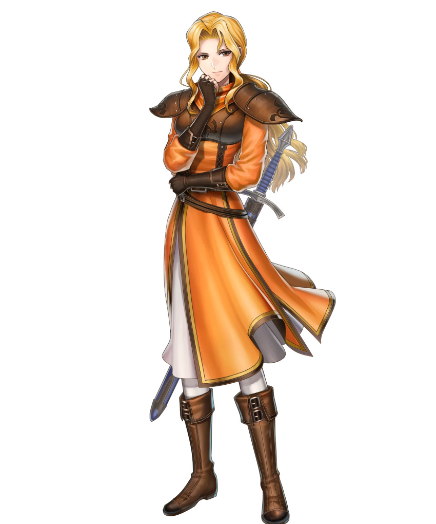 1girl armor bangs belt blonde_hair boots brigid_(fire_emblem) brown_footwear fire_emblem fire_emblem:_thracia_776 fire_emblem_heroes gloves haru_(toyst) highres knee_boots long_sleeves official_art shiny shiny_hair solo sword weapon yellow_eyes