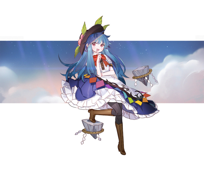 1girl black_headwear black_legwear blue_dress blue_hair blush boots bow bowtie cloud cross-laced_footwear crossed_arms dress eyebrows_visible_through_hair finger_to_mouth food foot_up frilled_dress frills fruit full_body gwayo hair_between_eyes hat_leaf hinanawi_tenshi keystone knee_boots leaf lens_flare long_hair looking_at_viewer open_mouth pantyhose peach puffy_short_sleeves puffy_sleeves rainbow_order red_bow red_eyes rope shide shimenawa shirt short_sleeves sky solo star touhou white_background white_dress white_shirt