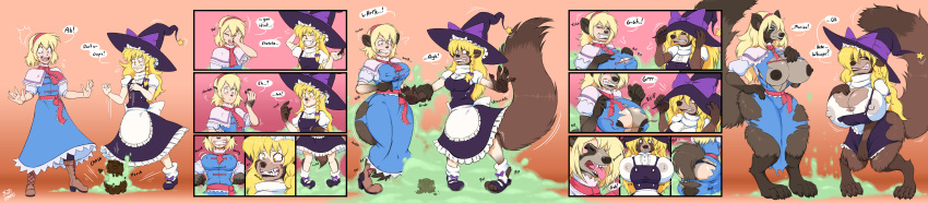 2016 absurd_res alice_margatroid anthro apron areola arm_grab big_breasts blonde_hair blue_eyes blush breast_expansion breasts canid canine clenched_teeth clothed clothing comic dialogue dress duo embarrassed english_text female footwear hair hat headgear headwear hi_res huge_breasts human human_to_anthro humanoid long_hair magic_user mammal marisa_kirisame nipple_outline nipples open_mouth raccoon_dog ribbons shoes smile species_transformation standing surprise sutibaru tail_bulge tail_growth tanuki teeth text tongue tongue_out torn_clothing touhou transformation video_games witch witch_hat yellow_eyes