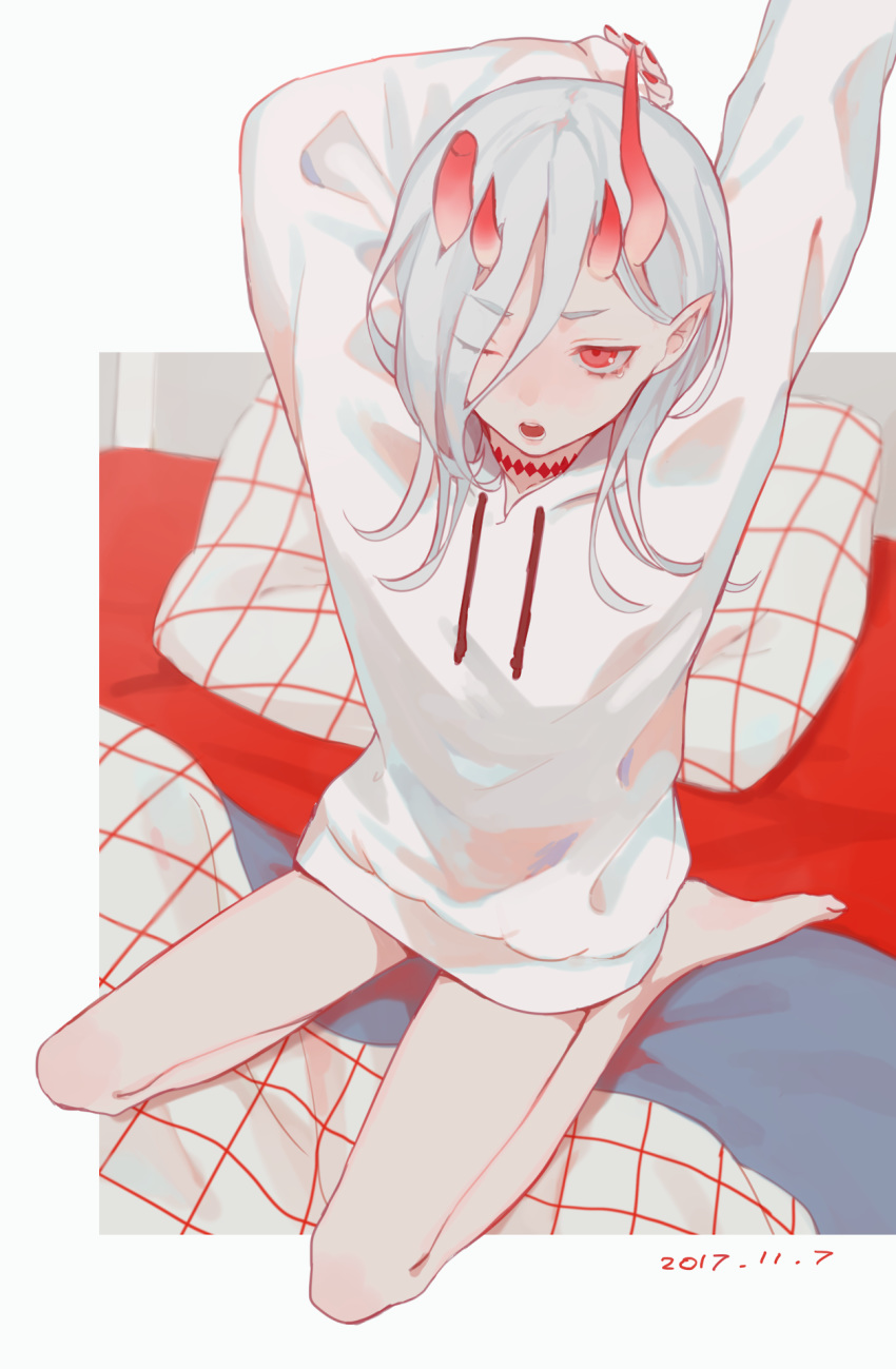 1boy arms_up barefoot bed_sheet bottomless broken_horn drawstring eyes_visible_through_hair highres hood hoodie horns kirudai legs lips long_hair nail_polish on_bed one_eye_closed oni oni_horns open_mouth original pillow pointy_ears red_eyes red_nails sitting skin-covered_horns solo stretch sweater waking_up white_hair white_sweater yawning