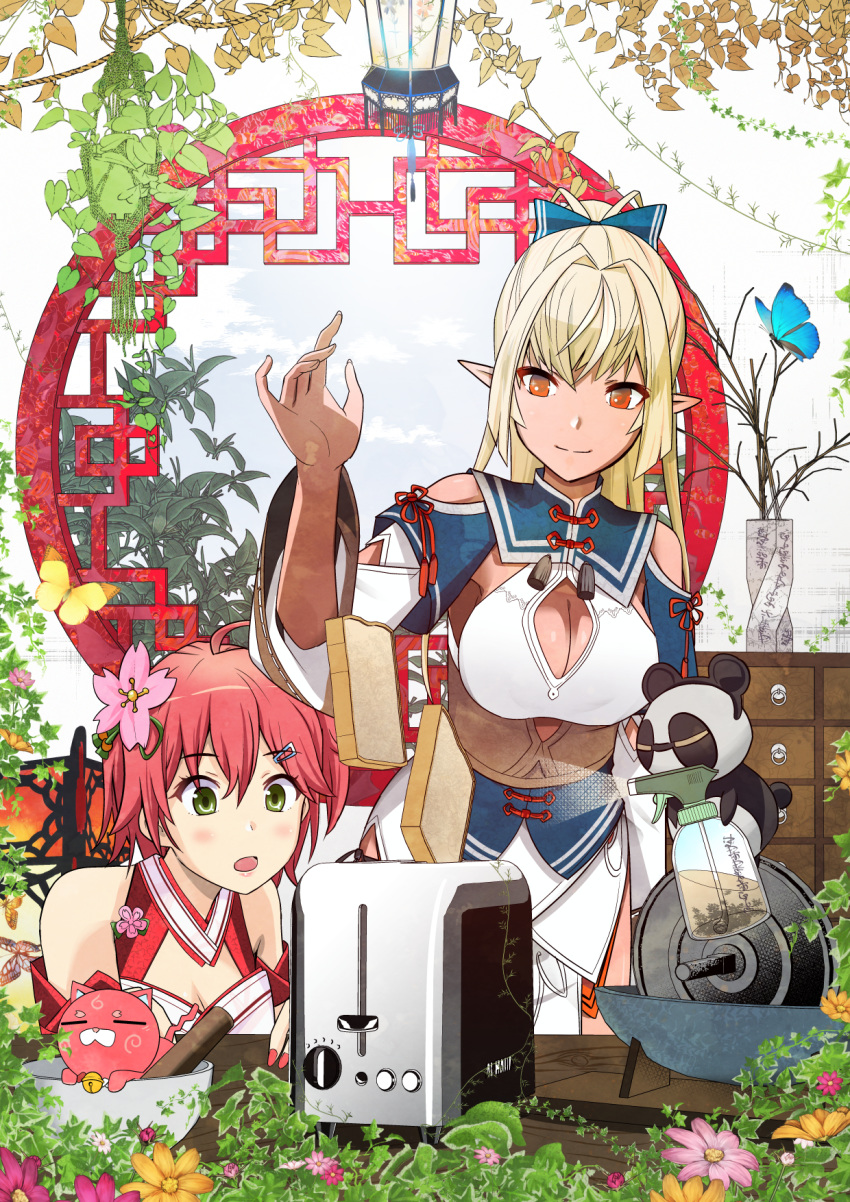 2girls animal_costume animal_ears bangs bare_shoulders bell blonde_hair blush bottle bow breasts brooch bug butterfly cat cherry_blossoms cleavage closed_mouth cloud dark_skin elf eyebrows_visible_through_hair flower food hair_between_eyes hair_bow hair_flower hair_ornament hairclip highres hololive insect jewelry kintoki_(miko_channel) kintsuba_(flare_channel) multiple_girls open_mouth orange_eyes panda_costume panda_ears pink_cat pink_hair plant pointy_ears sakura_miko shiranui_flare shoulder_cutout sky smile spray_bottle toast toaster tonogai_yoshiki vase virtual_youtuber