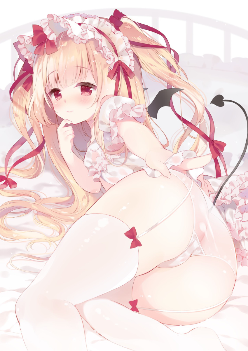 1girl ame_usari ass bangs bare_shoulders bed_sheet black_wings blonde_hair blush bow breasts closed_mouth commentary_request covering covering_ass demon_girl demon_tail demon_wings dress eyebrows_visible_through_hair garter_straps hair_bow hand_up highres long_hair lying on_side original panties puffy_short_sleeves puffy_sleeves red_bow red_eyes red_ribbon ribbon short_sleeves small_breasts solo tail thighhighs two_side_up underwear very_long_hair white_dress white_legwear white_panties wings