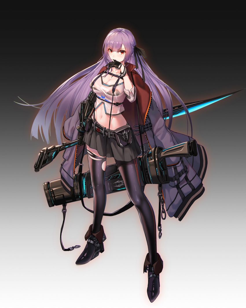 1girl 5555_96 belt bikini biting black_bikini black_gloves black_legwear black_ribbon black_skirt breasts choker cleavage collarbone commentary_request crop_top full_body gauntlets glove_biting gloves gradient gradient_background grey_coat hair_ribbon hand_up highres holding holding_sword holding_weapon jacket_on_shoulders large_breasts long_hair looking_at_viewer midriff miniskirt navel original pantyhose purple_hair red_eyes ribbon see-through sheath shirt shoes single_leg_pantyhose skirt solo standing stomach suspenders swimsuit sword thighhighs torn_clothes torn_legwear very_long_hair weapon white_shirt