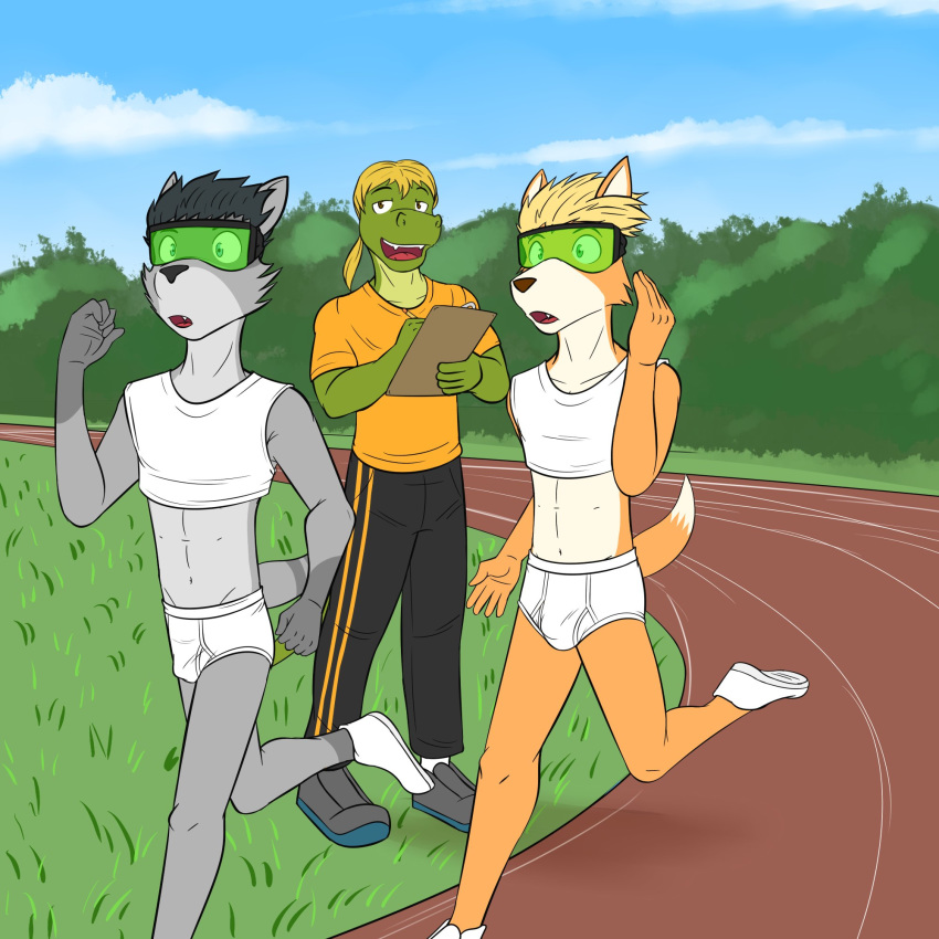 alligator alligatorid anthro briefs bulge canid canine clothed clothing crocodilian crop_top eyewear fox fully_clothed fuze goggles hi_res male mammal midriff mind_control procyonid raccoon race_track reptile running scalie shirt tighty_whities topwear underwear