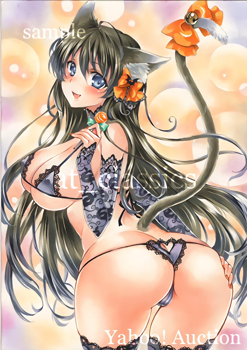 absurdres animal_ears ass at_classics black_hair blue_eyes breasts cat_ears cat_tail highres huge_breasts lingerie long_hair original tail thighhighs underwear very_long_hair waifu2x