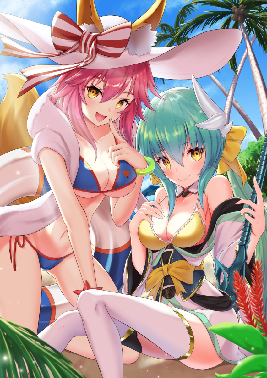 2girls animal_ear_fluff animal_ears aqua_hair bikini blue_bikini blue_sky blush bow bow_bikini breasts closed_mouth cloud cocoablue23 collarbone commentary commentary_request dragon_girl dragon_horns ears_through_headwear eyebrows_visible_through_hair fang fate/grand_order fate_(series) finger_to_mouth fox_ears fox_girl fox_tail frilled_bikini frills groin hair_ribbon hand_on_own_chest hat highres horns innertube kiyohime_(fate/grand_order) kiyohime_(swimsuit_lancer)_(fate) large_breasts long_ponytail looking_at_viewer multiple_girls multiple_horns naginata navel open_mouth outdoors palm_leaf palm_tree pink_hair polearm ribbon side-tie_bikini skin_fang sky sun_hat swimsuit tail tamamo_(fate)_(all) tamamo_no_mae_(swimsuit_lancer)_(fate) tree weapon white_legwear yellow_bikini yellow_bikini_top yellow_bow yellow_eyes yellow_ribbon