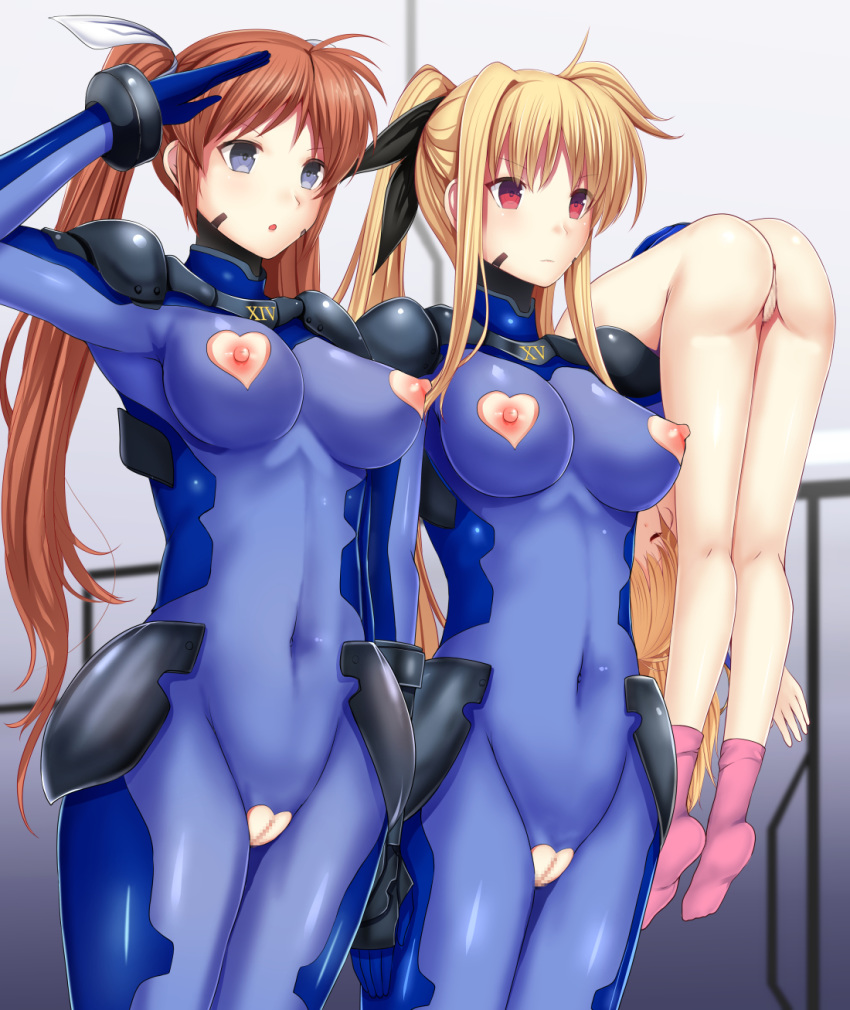 3girls ass blonde_hair blue_eyes blush bodysuit brainwashing breasts brown_hair carrying carrying_over_shoulder closed_eyes closed_mouth corruption covered_navel daiaru fate_testarossa groin hair_ornament hair_ribbon heart_cutout highres large_breasts long_hair lyrical_nanoha mahou_shoujo_lyrical_nanoha_strikers multiple_girls nipple_cutout nipples nude numbers'_uniform open_mouth pink_footwear ponytail pussy pussy_cutout red_eyes ribbon salute shiny shiny_clothes skin_tight socks standing takamachi_nanoha twintails unconscious vivio