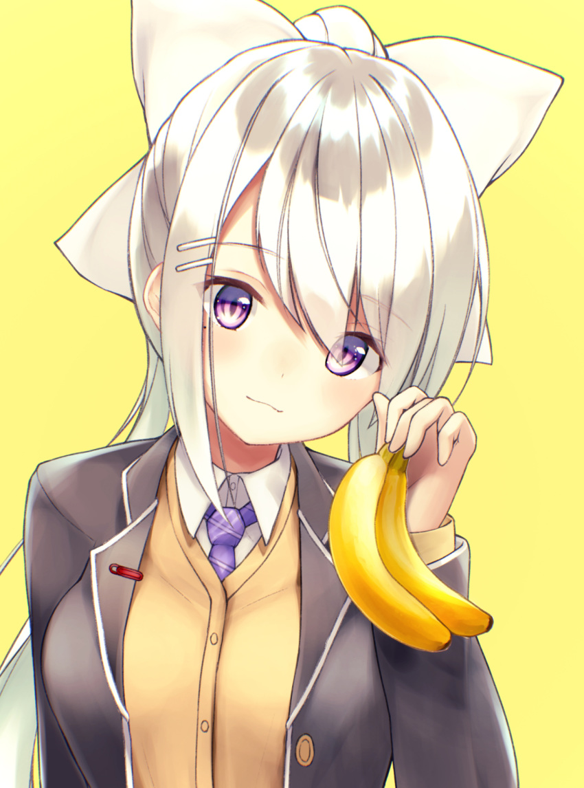 1girl banana bangs black_jacket blazer blush bow breasts brown_cardigan cardigan closed_mouth collared_shirt dress_shirt eyebrows_visible_through_hair food fruit hair_bow hair_ornament hairclip head_tilt high_ponytail highres higuchi_kaede holding holding_food holding_fruit jacket long_hair looking_at_viewer medium_breasts necktie nijisanji open_blazer open_clothes open_jacket plaid_neckwear ponytail purple_neckwear rupe_paperu school_uniform shirt sidelocks silver_hair simple_background smile solo upper_body virtual_youtuber white_bow white_shirt yellow_background