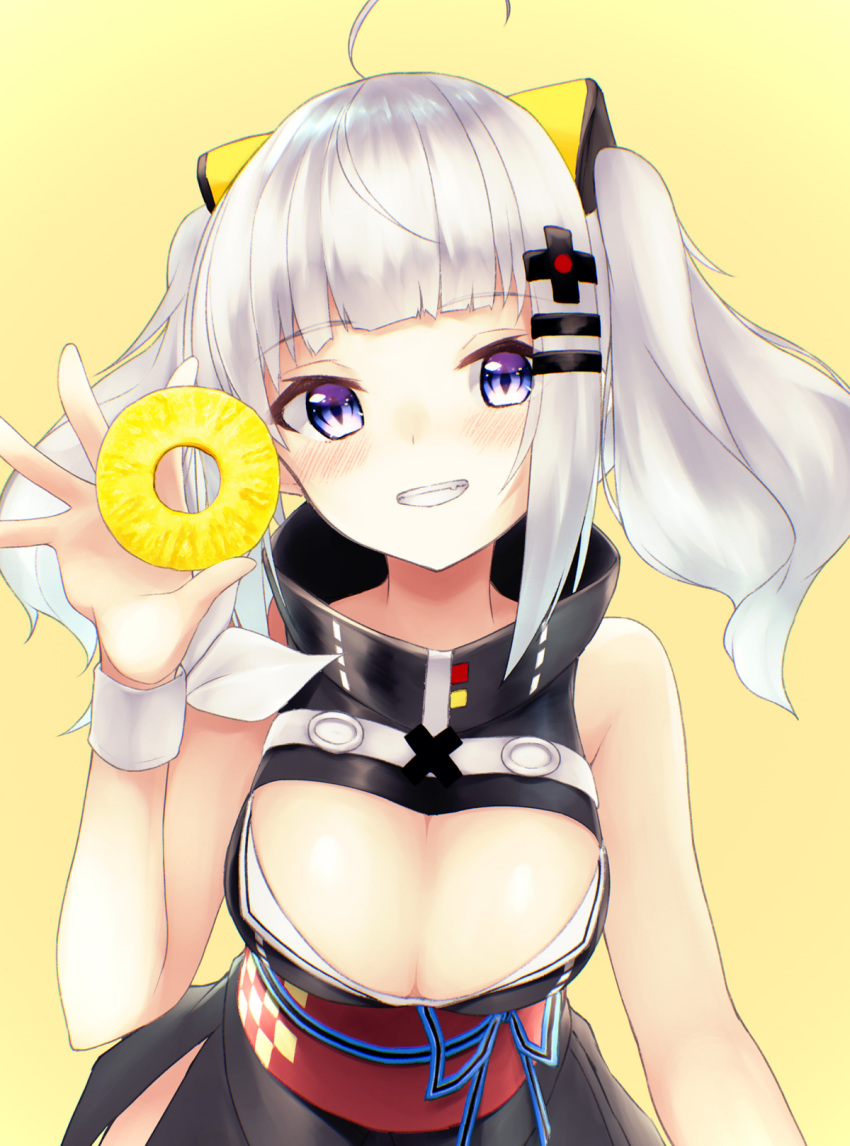 1girl bare_shoulders beige_background black_dress blue_eyes blush breasts cleavage cleavage_cutout dress food fruit grin hair_ornament hairclip hand_up head_tilt highres holding holding_food kaguya_luna large_breasts looking_at_viewer obi pineapple pineapple_slice rupe_paperu sash sidelocks silver_hair simple_background sleeveless sleeveless_dress smile solo the_moon_studio twintails upper_body virtual_youtuber