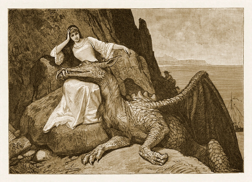 1912 ancient_furry_art anton_robert_leinweber claws dragon duo female human mammal proper_art scales scalie western_dragon wings