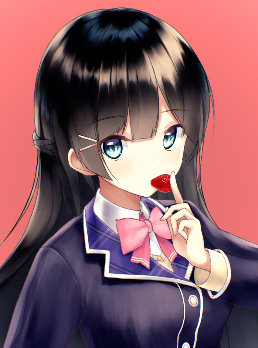 1girl bangs black_hair black_jacket blazer blue_eyes bow braid breasts brown_background brown_sweater closed_mouth collared_shirt eyebrows_visible_through_hair food fruit hair_ornament hairclip highres jacket long_hair long_sleeves looking_at_viewer medium_breasts nijisanji pink_bow rupe_paperu school_uniform shirt simple_background solo strawberry sweater tsukino_mito upper_body virtual_youtuber white_shirt