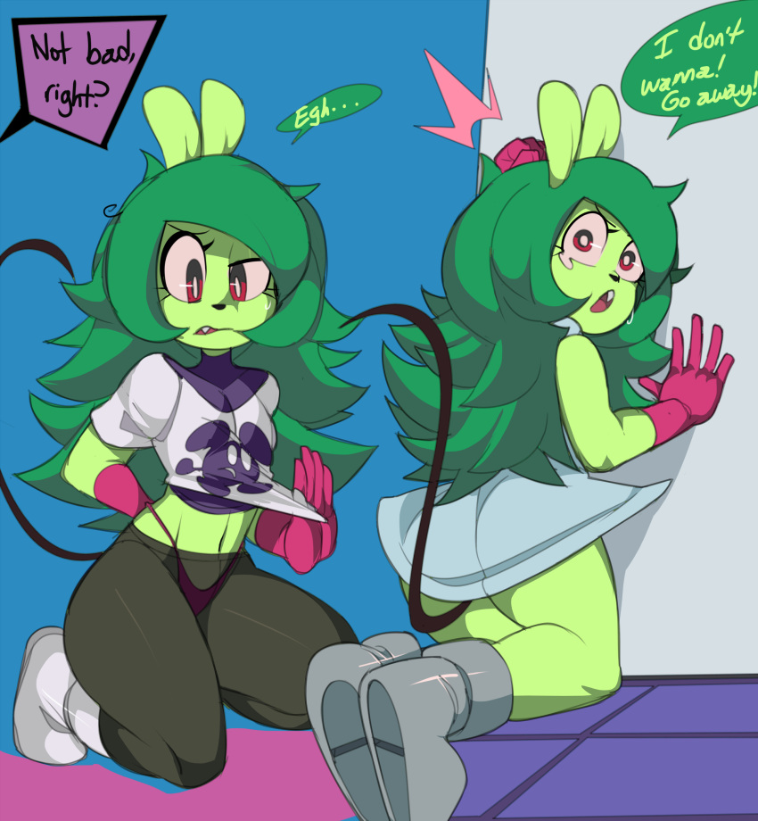 2019 5_fingers anthro big_eyes biped black_nose bodily_fluids butt captainkirb cartoon_network clothing dialogue dress english_text female fingers fink_(ok_k.o.!_lbh) front_view fur gloves green_body green_fur green_hair hair handwear hi_res humanoid_hands kneeling long_hair long_tail mammal messy_hair midriff mouse multiple_positions murid murine navel nervous ok_k.o.!_let's_be_heroes rear_view red_eyes rodent speech_bubble sweat text thong underwear white_pupils