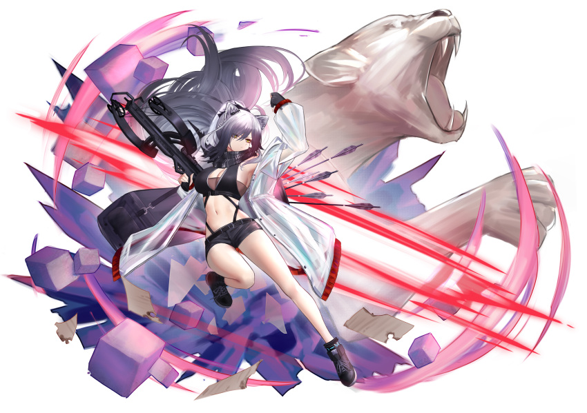1girl animal_ears arknights arm_up arrow bag bangs bare_legs bare_shoulders black_footwear black_gloves black_hair black_scarf black_shorts bow_(weapon) breasts coat crop_top crossbow duffel_bag eternity_(pixiv8012826) eyebrows_visible_through_hair fingerless_gloves floating_hair full_body gloves gradient_hair hair_over_one_eye highres holding_crossbow large_breasts leg_up long_hair midriff multicolored_hair navel open_clothes open_coat ponytail quiver scarf schwarz_(arknights) shoes short_shorts shorts silver_hair simple_background solo stomach very_long_hair weapon white_background white_coat yellow_eyes