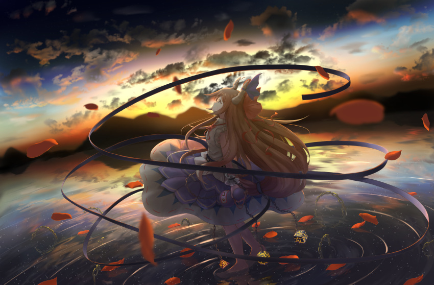 1girl absurdres barefoot belt blue_bow bow brown_eyes brown_hair chain cloud cloudy_sky cube gourd highres horn_bow horn_ribbon horns ibuki_suika immaterial_and_missing_power landscape long_hair looking_up nakit oni orange_eyes orange_hair petals petals_on_liquid pyramid_(geometry) red_bow ribbon skirt sky sphere sunset touhou water water_surface wrist_cuffs
